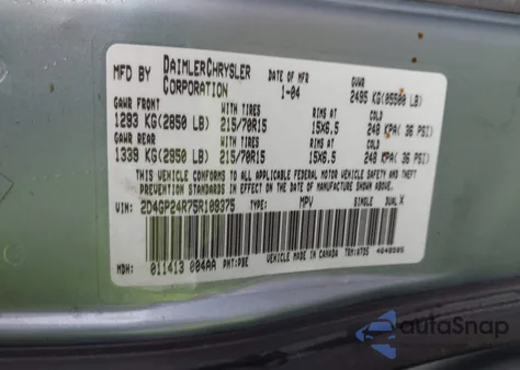2005 Dodge Grand Caravan Se from USA, damaged, VIN 2D4GP24R75R109375